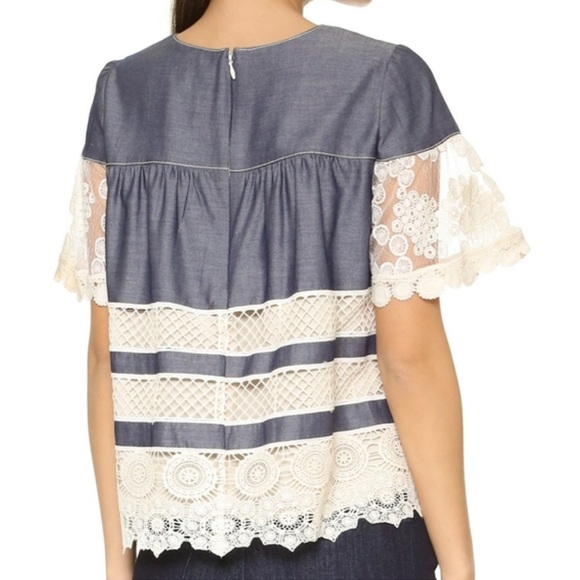 Anna Sui Lace Banded Chambray Short Sleeve Blouse - Picture 3 of 8